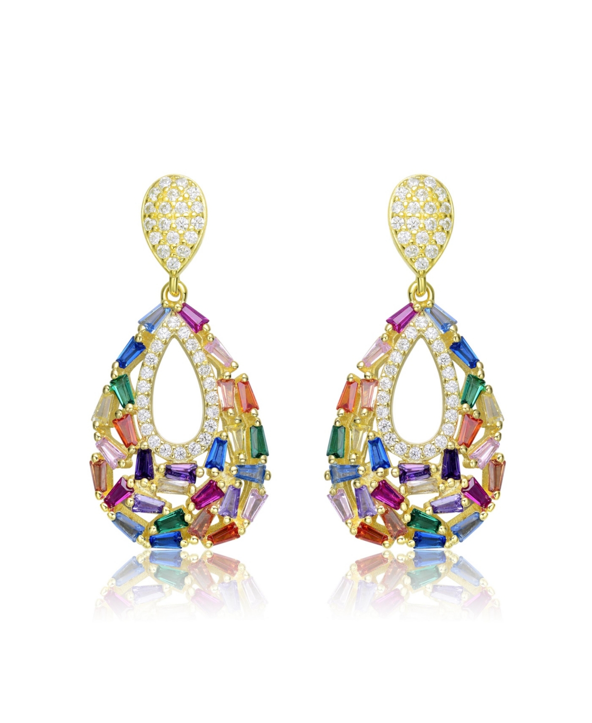 Genevive Captivating Sterling Silver Pear Shape Drop Earrings with Baguette and Round Cubic Zirconia
