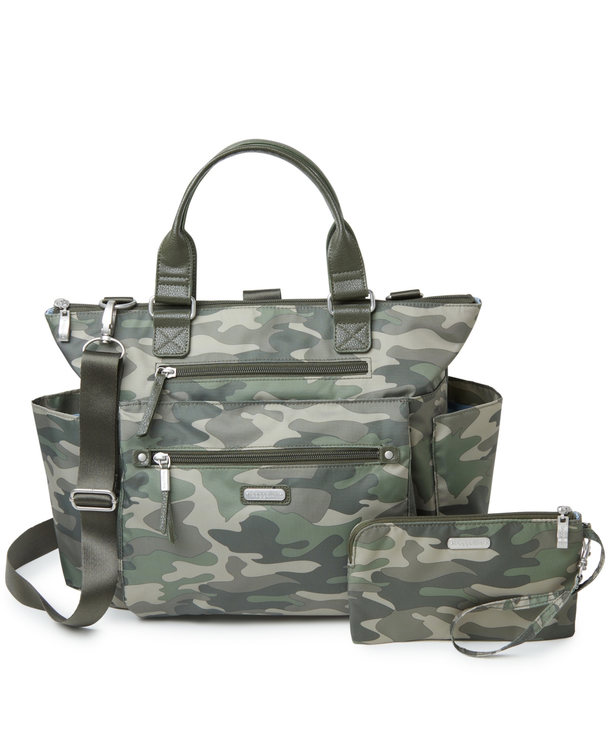 Baggallini 3-in-1 Convertible Backpack With Rfid Phone Wristlet In Olive Camo- Polyester