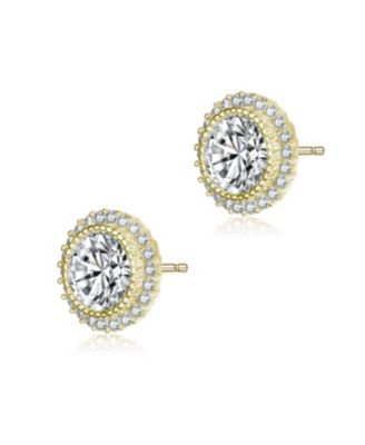 Sterling Silver Round Cubic Zirconia Milgrain Set Halo Stud Earrings