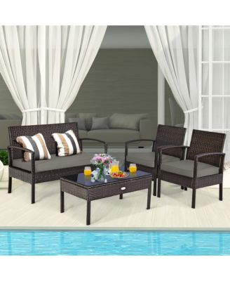 4PCS Patio Rattan Wicker Furniture Set Brown Loveseat Sofa