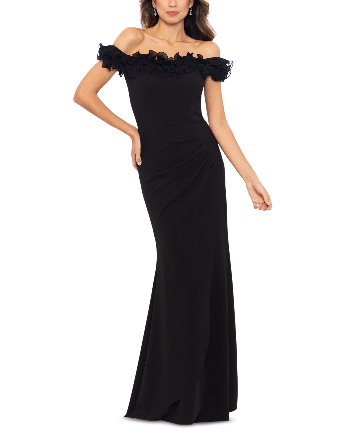 Xscape Women's Scuba-crepe Ruffled Off-the-shoulder Fit & Flare Gown In Black