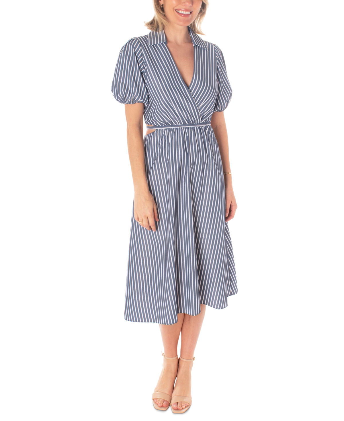 Women's Striped Cutout Puff-Sleeve Midi Dress - Navy/White