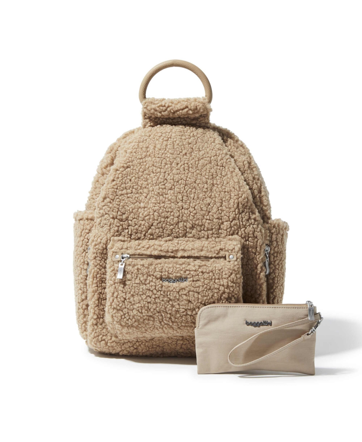 Baggallini All Day Adjustable Strap Small Backpack And Rfid Phone Wristlet In Taupe Faux Shearling