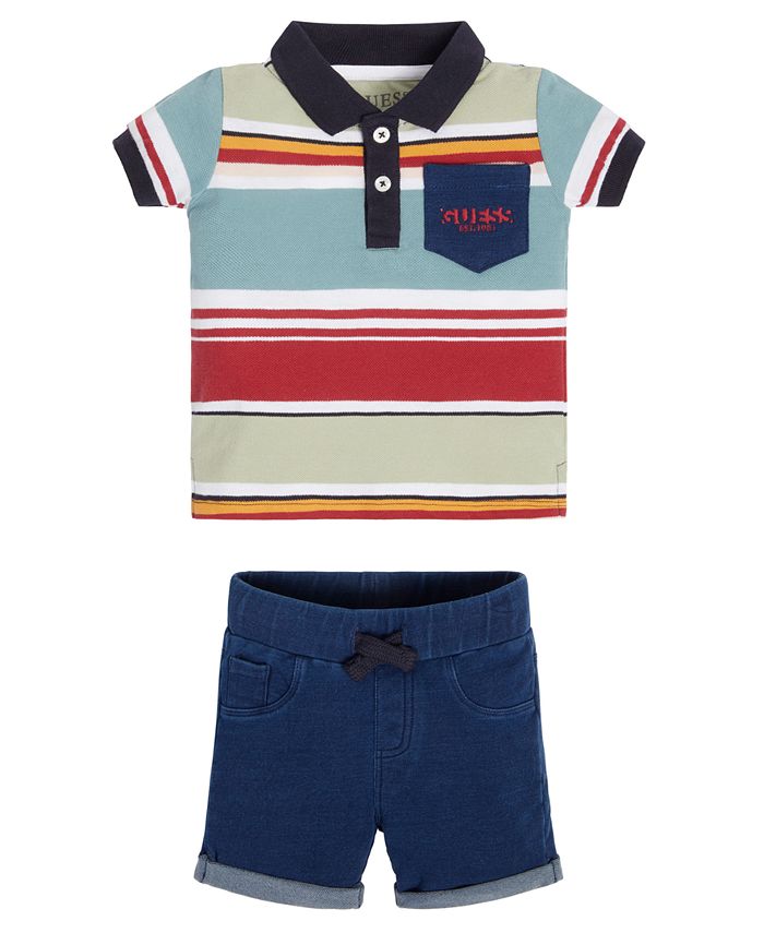 GUESS Baby Boys Polo Shirt and Knit Denim Shorts, 2 Piece Set - Macy's