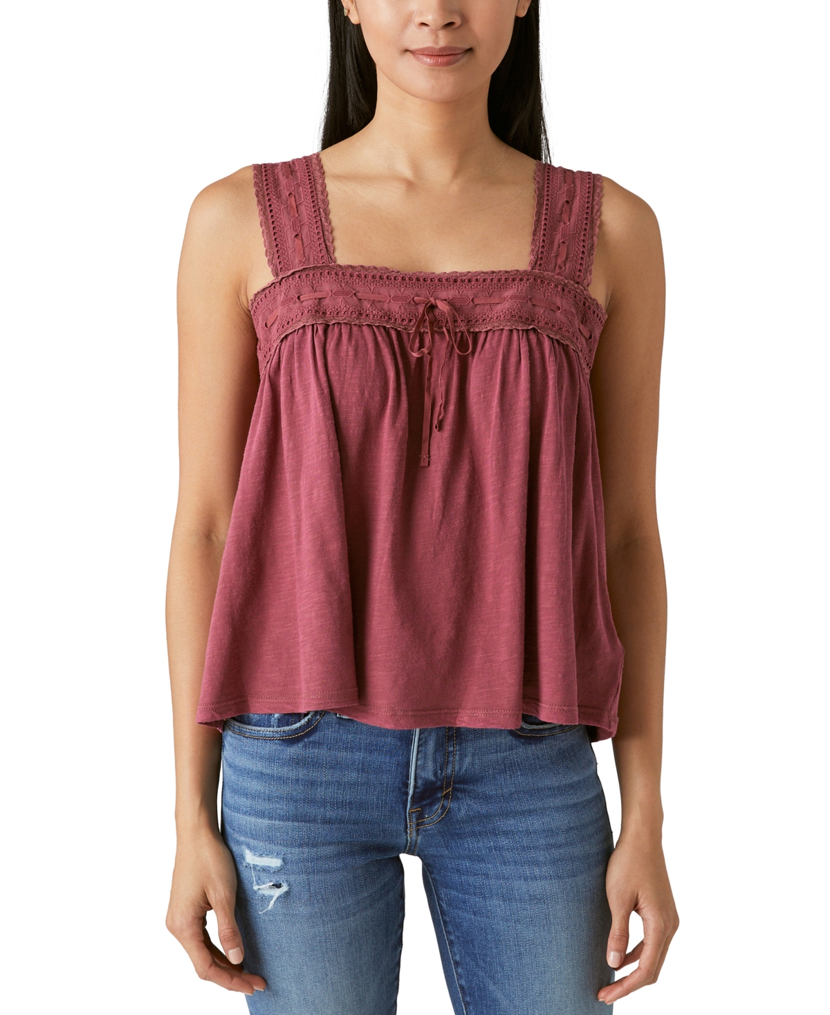 Lucky Brand Lace Trim Square Neck Tank Top In Rose Brown