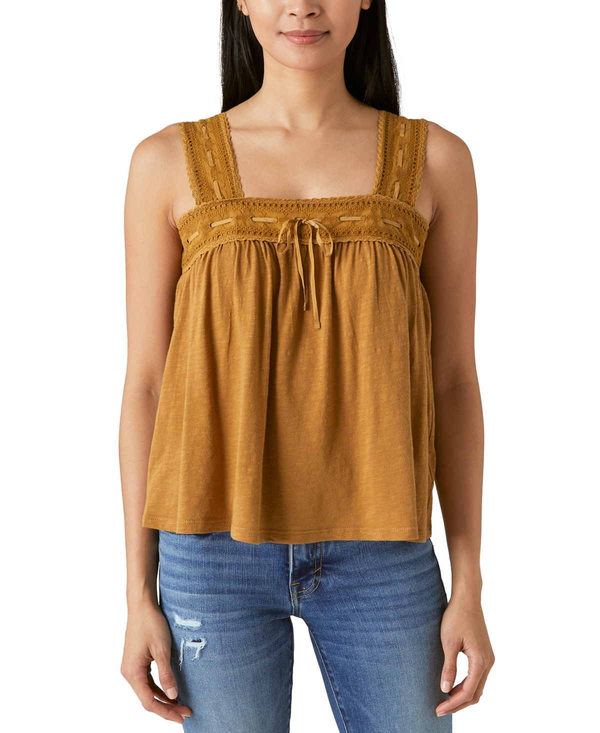 Lucky Brand Lace Trim Square Neck Tank Top In Tapenade