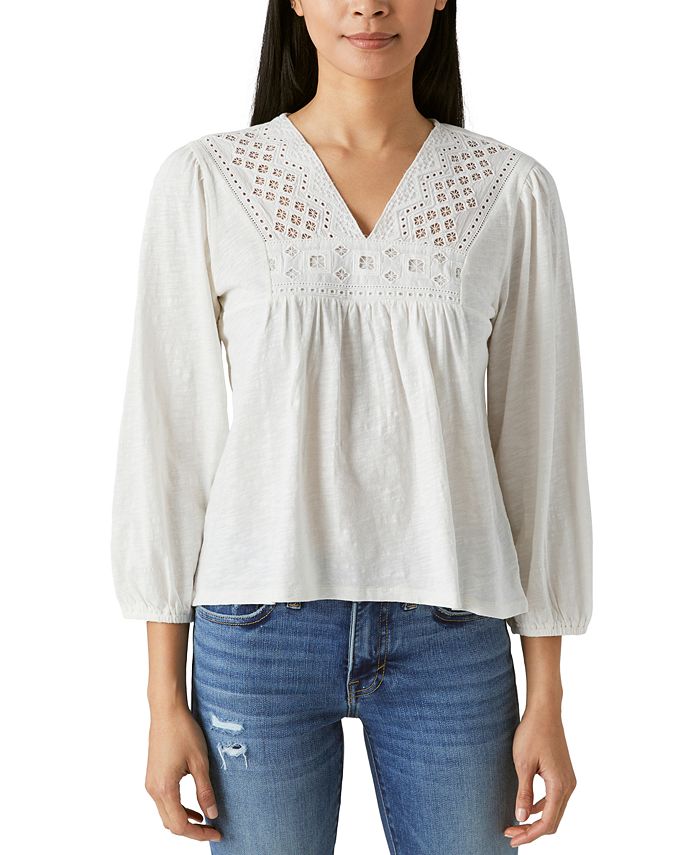 Lucky Brand Women's Cotton Embroidered-Bib Top - Macy's