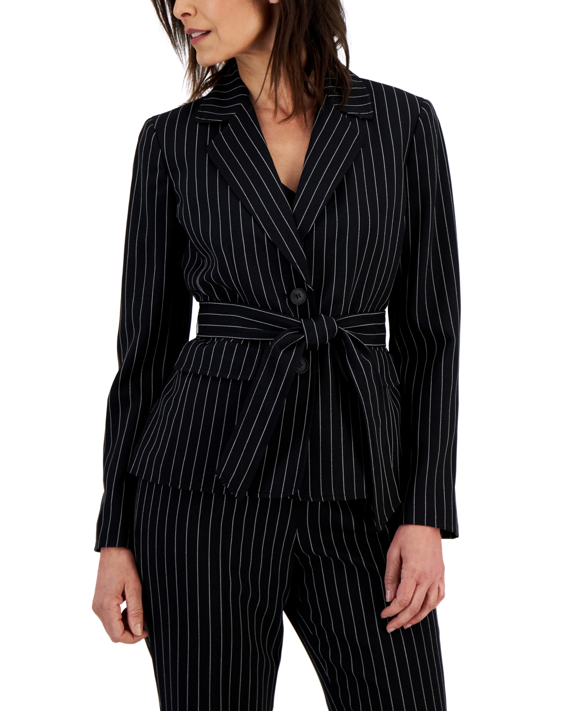 Le Suit Women's Striped Belted Pantsuit, Regular & Petite Sizes -White