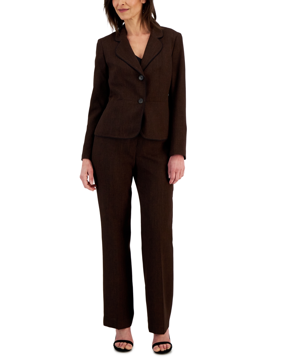 Le Suit Women's Framed Twill Two-button Pantsuit, Regular And Petite Sizes In Summer Brown,black