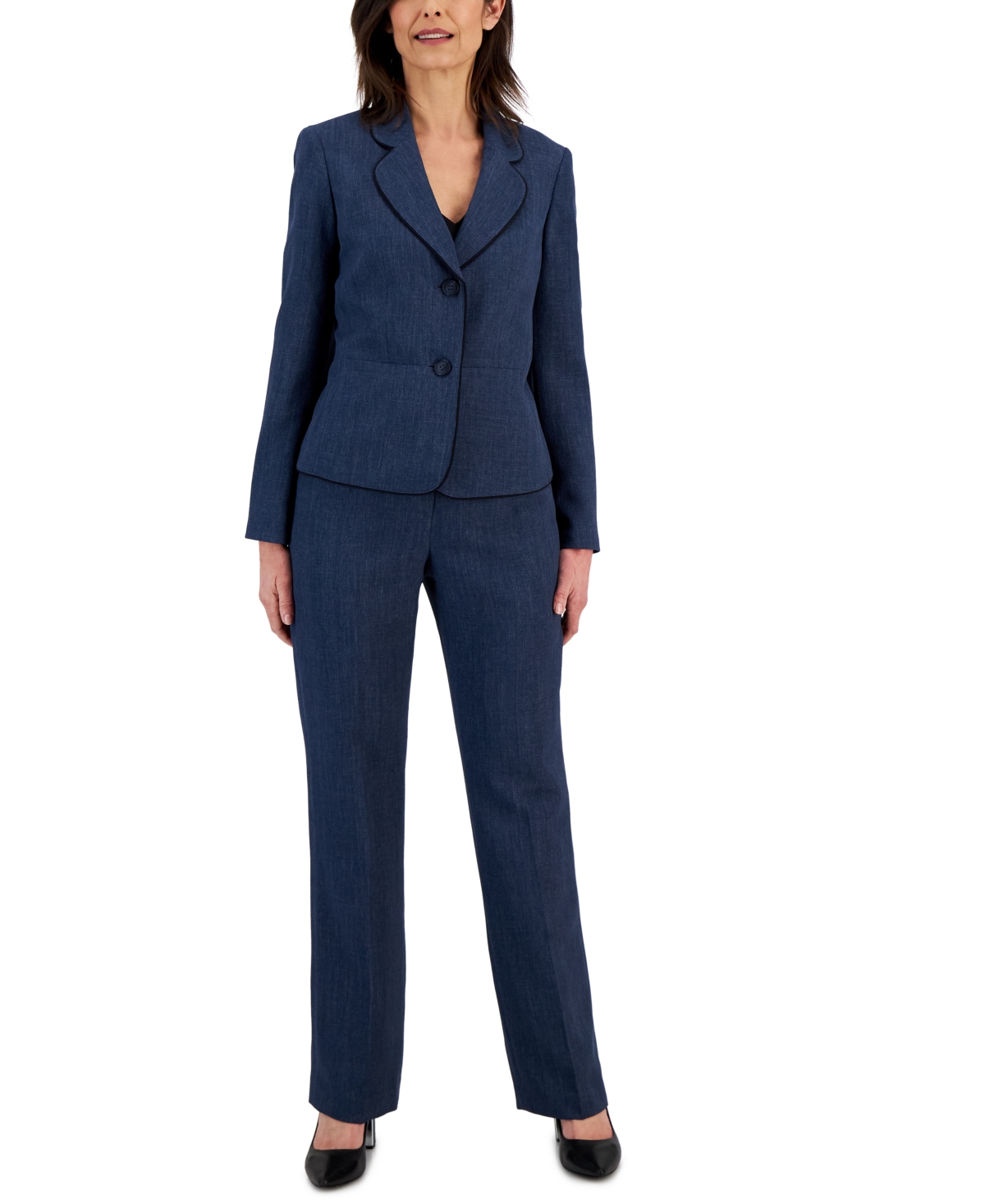 Women's Framed Twill Two-Button Pantsuit, Regular and Petite Sizes - Denim/Black