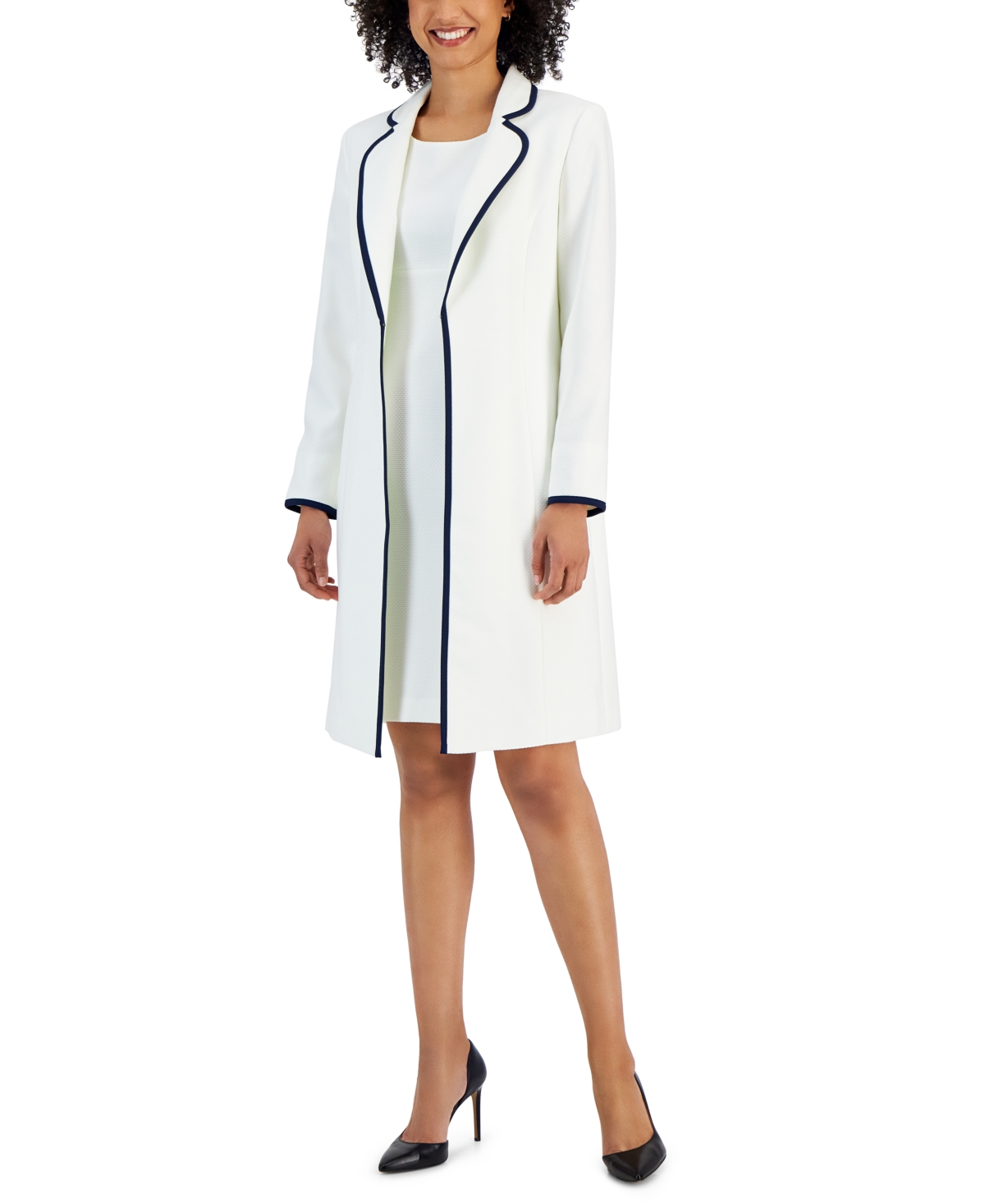 Jacquard Framed Sheath Dress Suit, Available Regular and Petite Sizes - White/Indigo