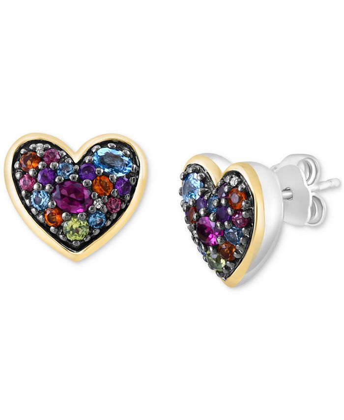 EFFY® Multi-Gemstone (1-1/2 ct. t.w.) & Diamond Accent Heart Stud Earrings  in Sterling Silver & Gold-Plate