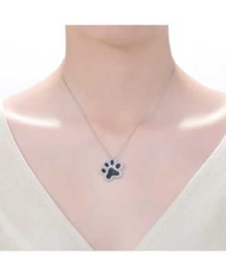 White Gold Plating with Black & White Cubic Zirconia Cat Dog Pet Paw Pendant Necklace in Sterling Silver