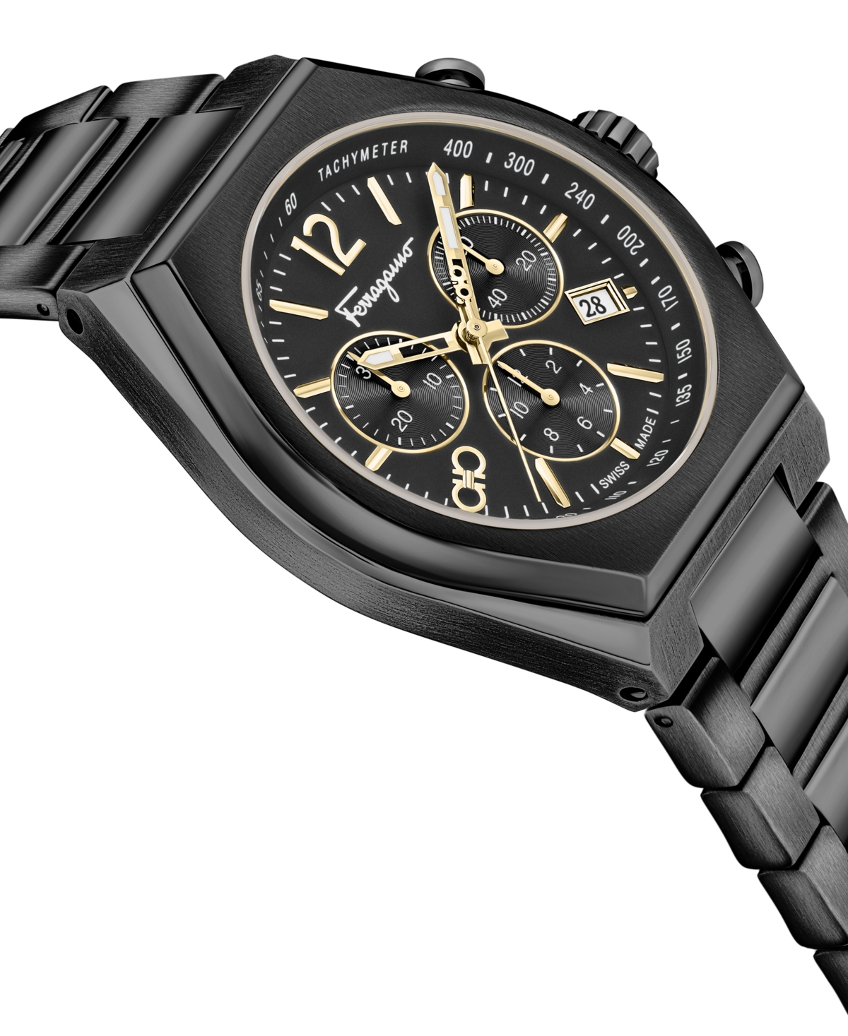 Shop Ferragamo Salvatore  Men's Swiss Chronograph Tonneau Black Ion Plated Stainless Steel Bracelet Watch  In Ip Black