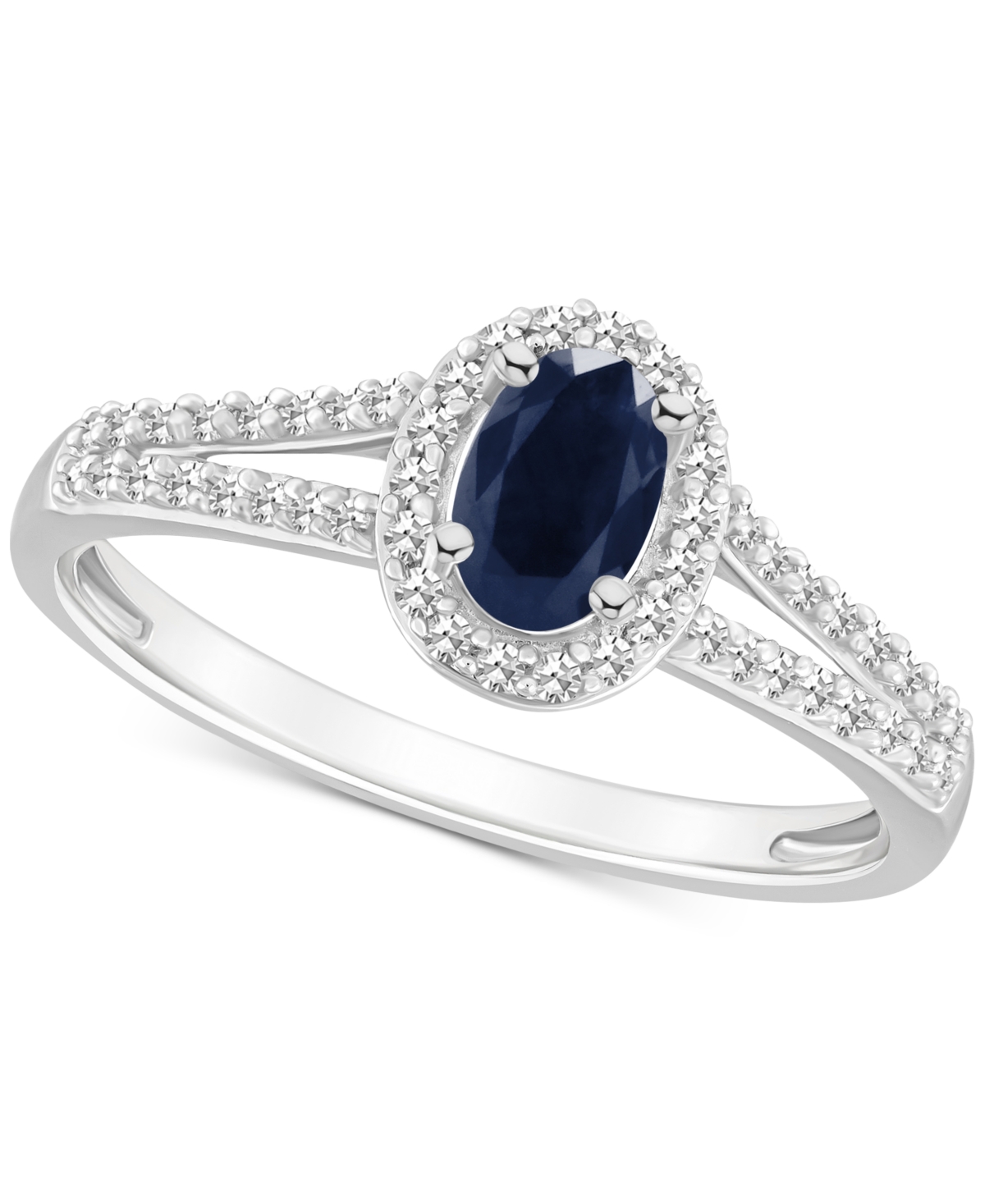 Macy's Sapphire (5/8 Ct. T.w.) & Diamond (1/4 Ct. T.w.) Oval Halo Split Shank Ring In Sterling Silver (also