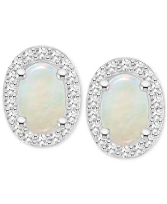 Aquamarine (3/4 ct. t.w.) & Diamond (1/6 ct. t.w.) Oval Halo Stud Earrings in Sterling Silver (Also in Opal)