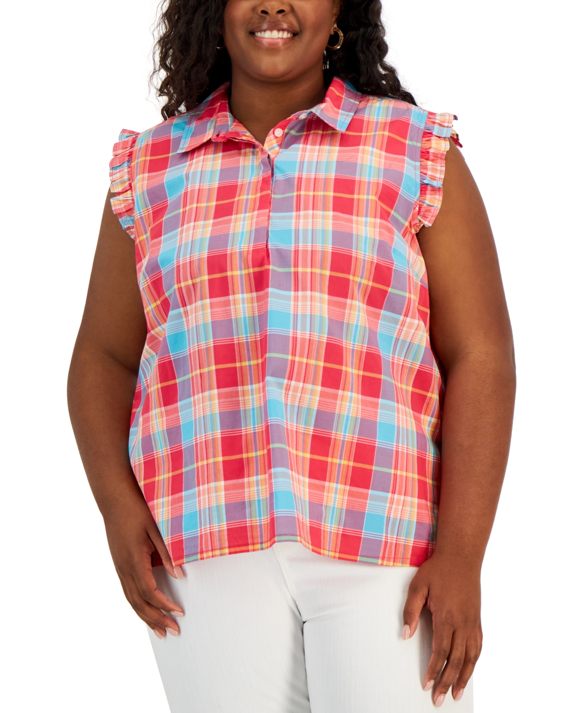 Tommy Hilfiger Plus Size Plaid Flutter-sleeve Top In Azalea Multi