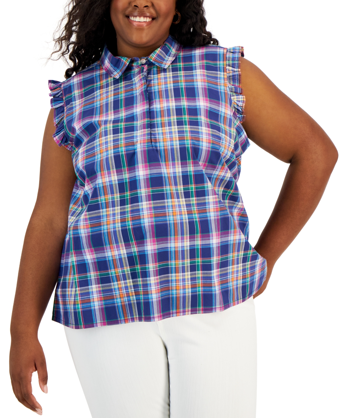 Tommy Hilfiger Plus Size Plaid Flutter-sleeve Top In Blue Multi