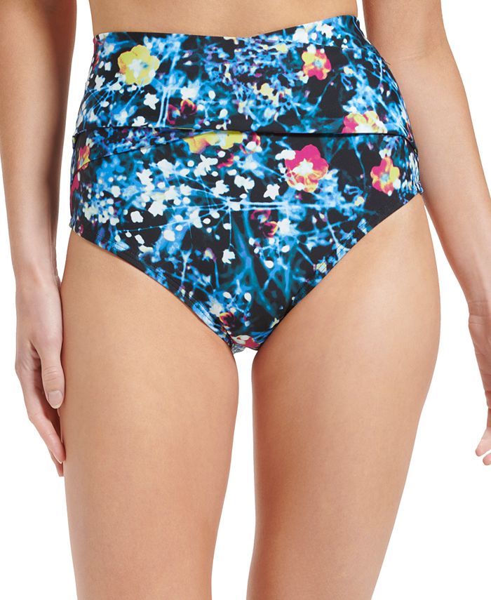 Buy Navy Floral High Waist Briefs Tummy Control Bikini Bottoms