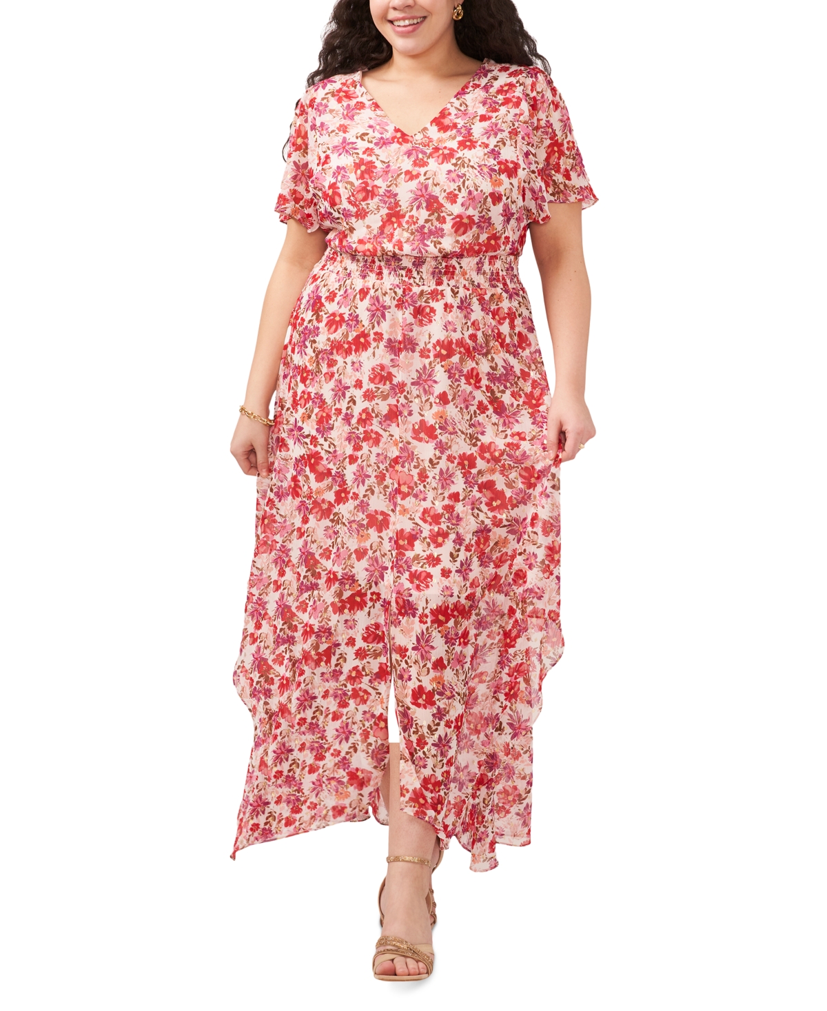 Msk Plus Size Floralprint Shortsleeve Maxi Dress In Ivory/red
