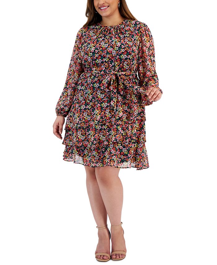 MSK Plus Size Printed Tie Waist Tiered Ruffle Dress Macy s