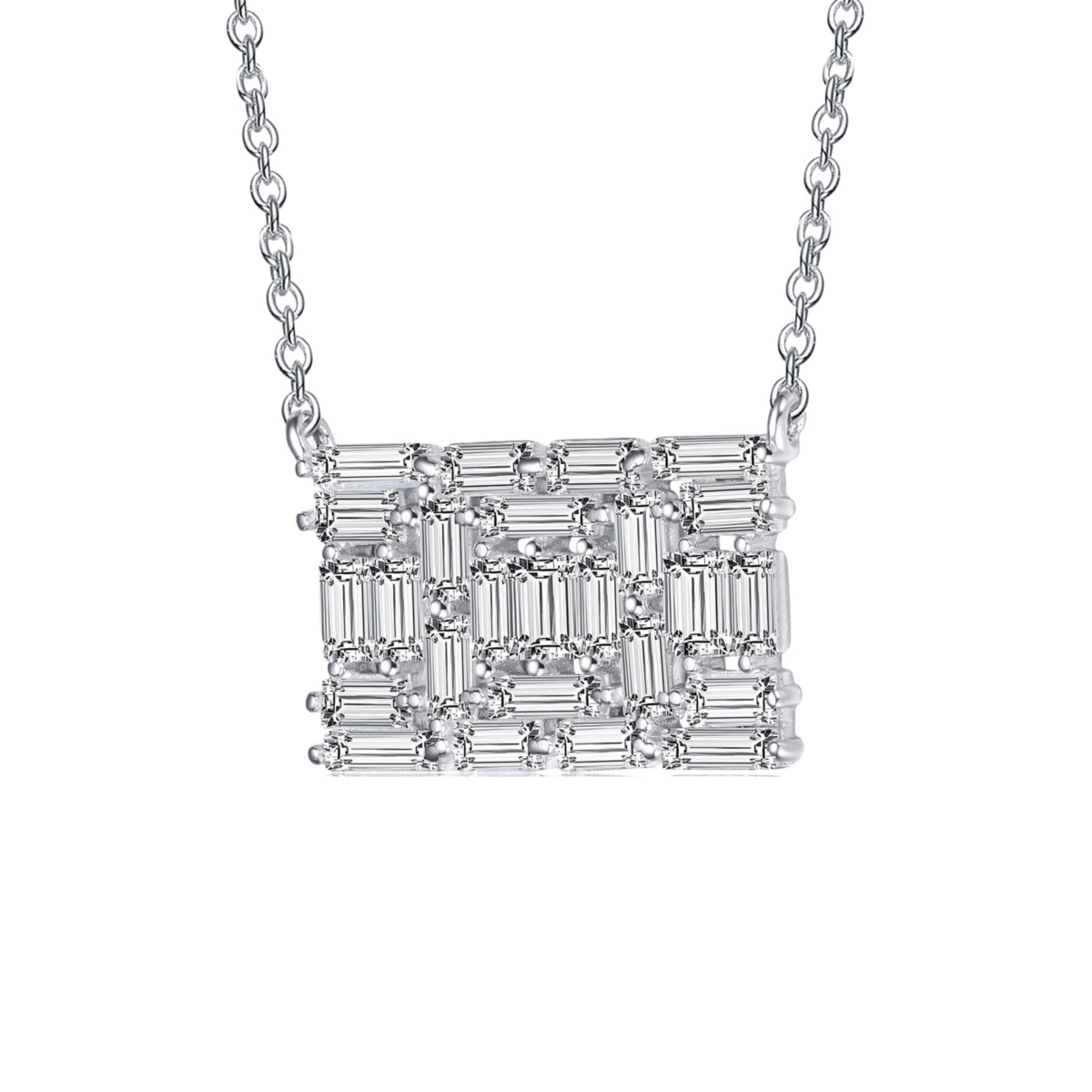 Genevive Sterlingwith White Gold Plating Clear Green Cubic Zirconia Rectangular Cluster Necklace - Silver