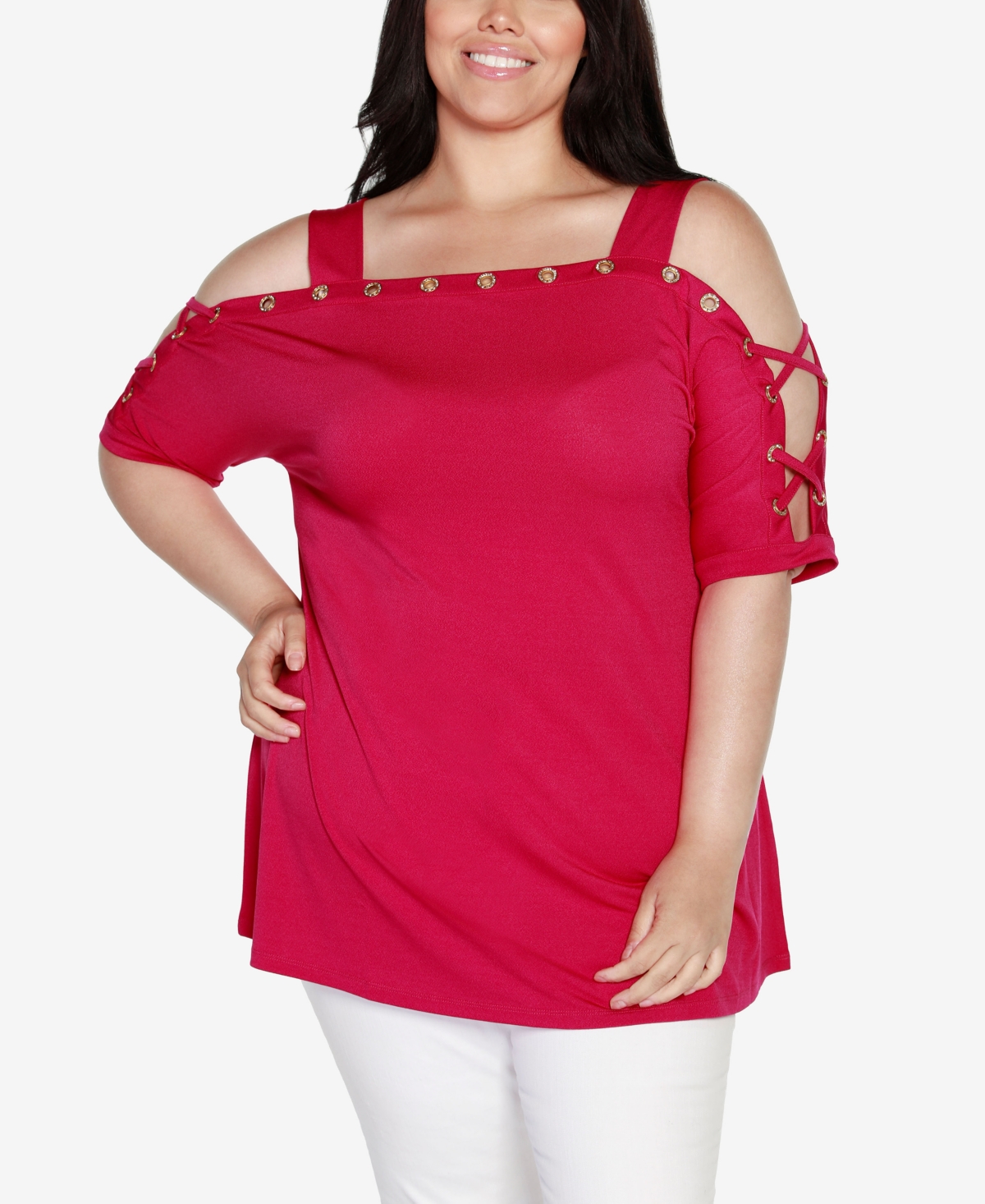 Belldini Plus Size Cold Shoulder Top In Raspberry Beret