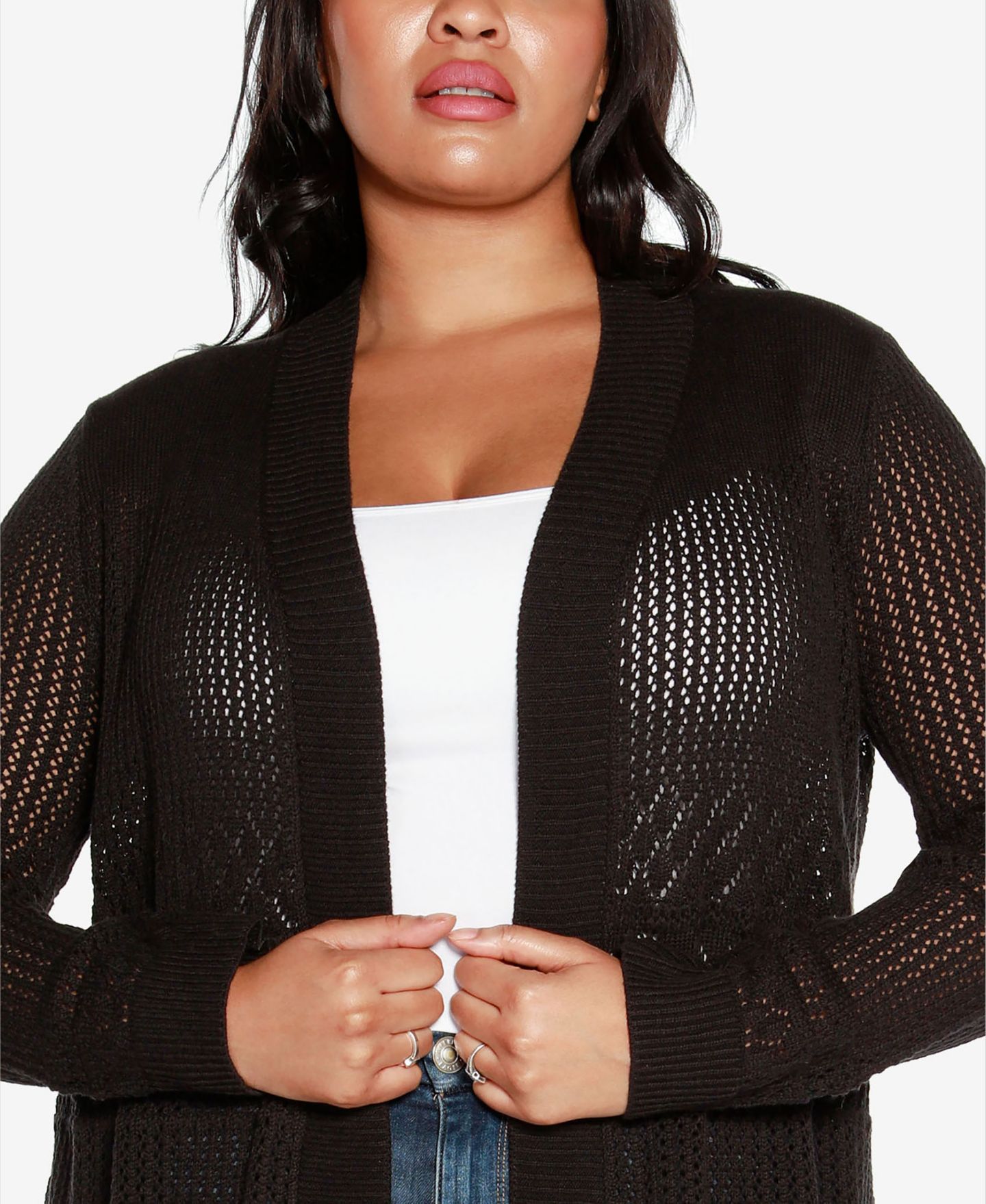 Женский кардиган Belldini Plus Size Pointelle Open Cardigan, цвет: Чёрный — фото 4