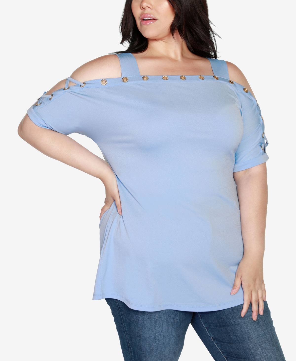 Belldini Plus Size Cold Shoulder Top In Bluebell