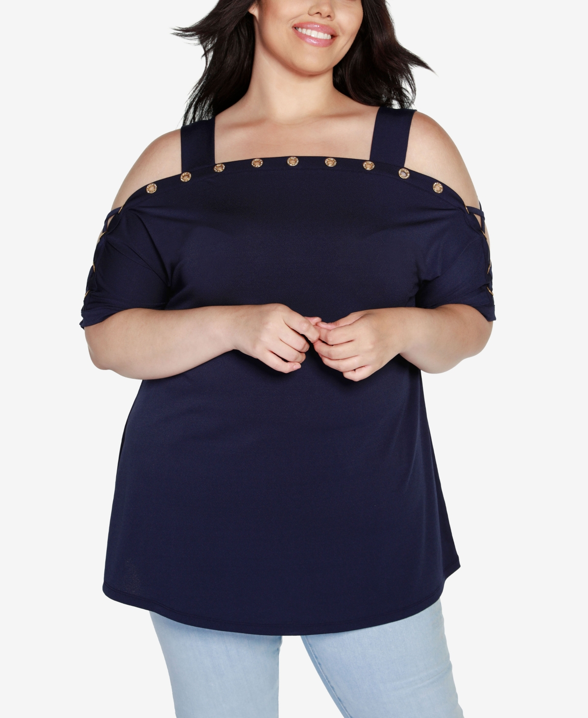 Belldini Plus Size Cold Shoulder Top In Navy
