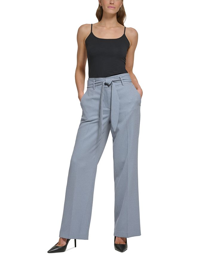 DKNY Petite Printed Belted High-Waist Wide-Leg Pants - Macy's