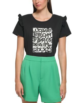 KARL LAGERFELD PARIS - Women's Logo Ruffled-Shoulder T-Shirt