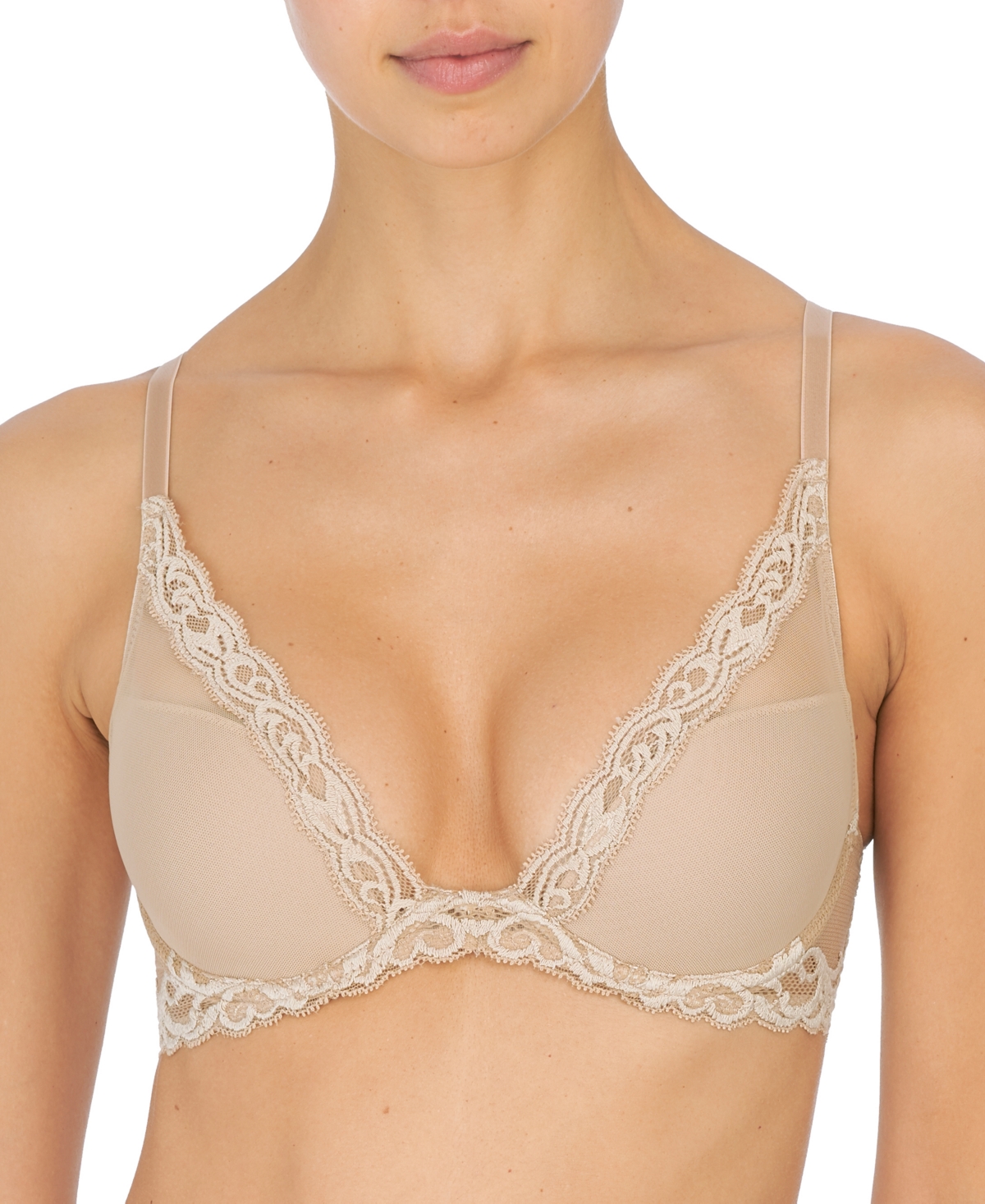 Women's Feathers Lace Contour Underwire Plunge Bra 730023 - Cafe (Nude 5)