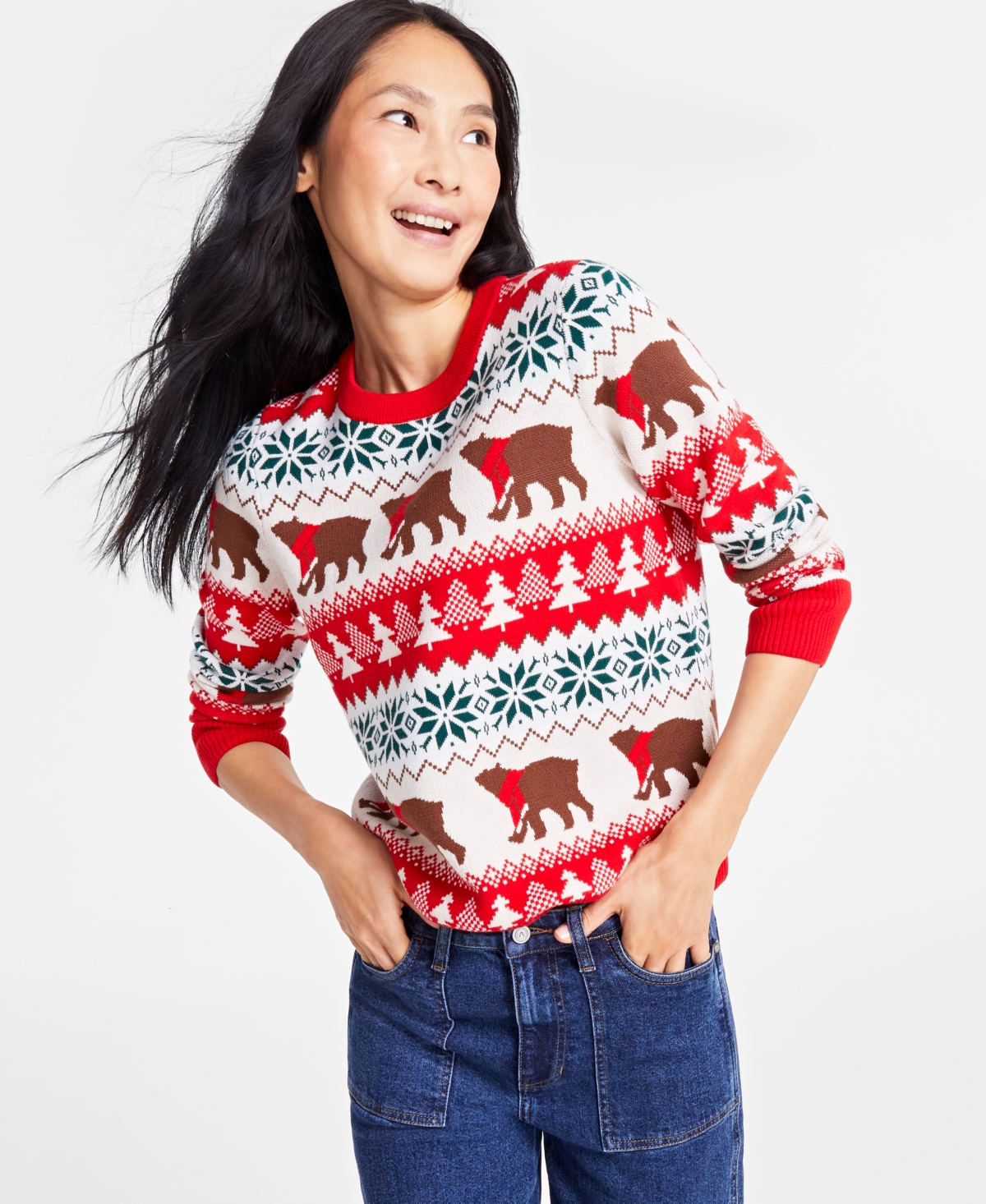 Charter Club Holiday Lane Women's Santa Bear Sweater, Created For Macy's In Ravishing Red Combo