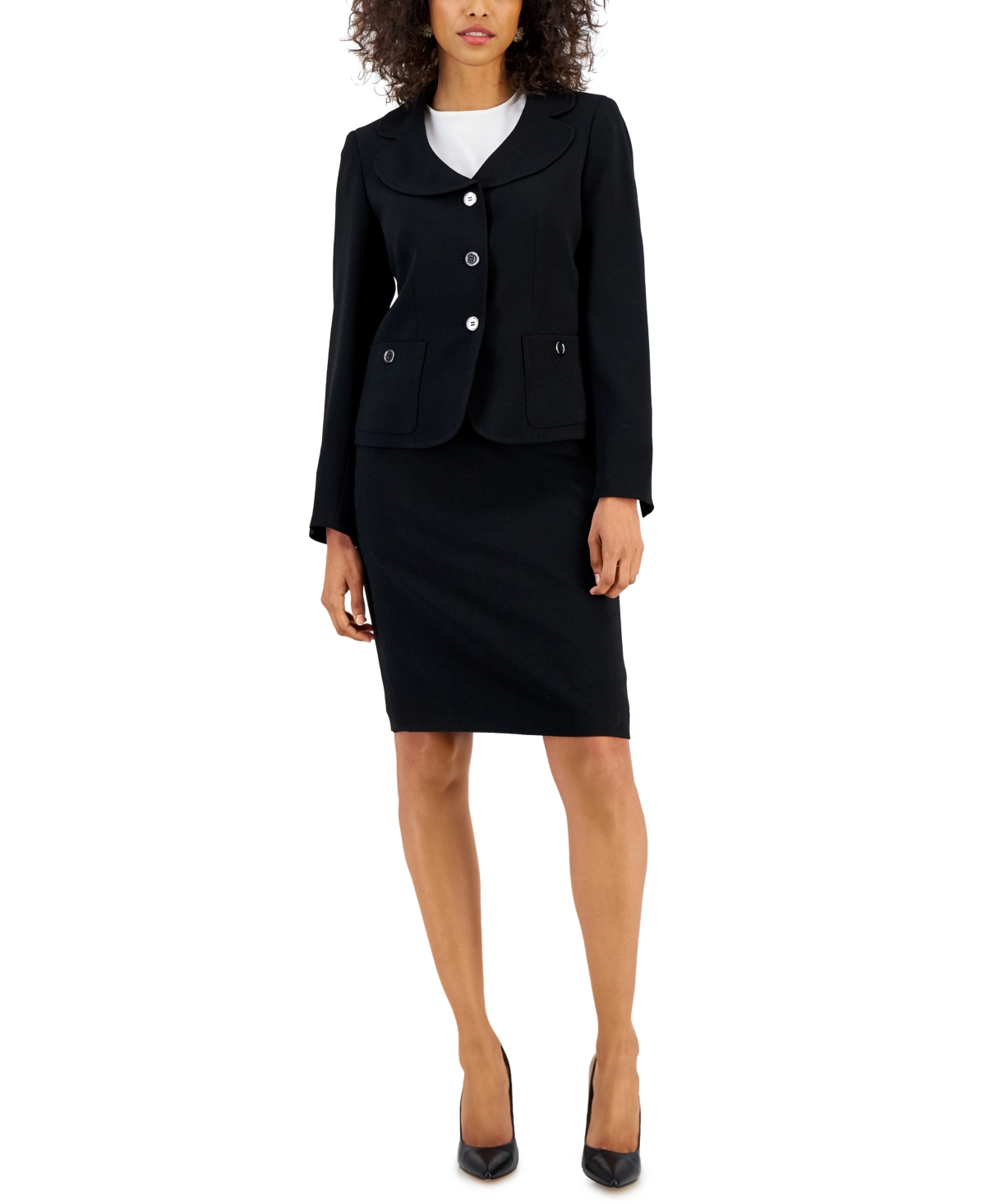 Nipon Boutique Women's Curved Collar Button-front Jacket & Pencil Skirt Suit In Black