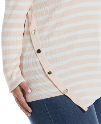 Plus Size Snap Trim Stripe Asymmetrical Sweater