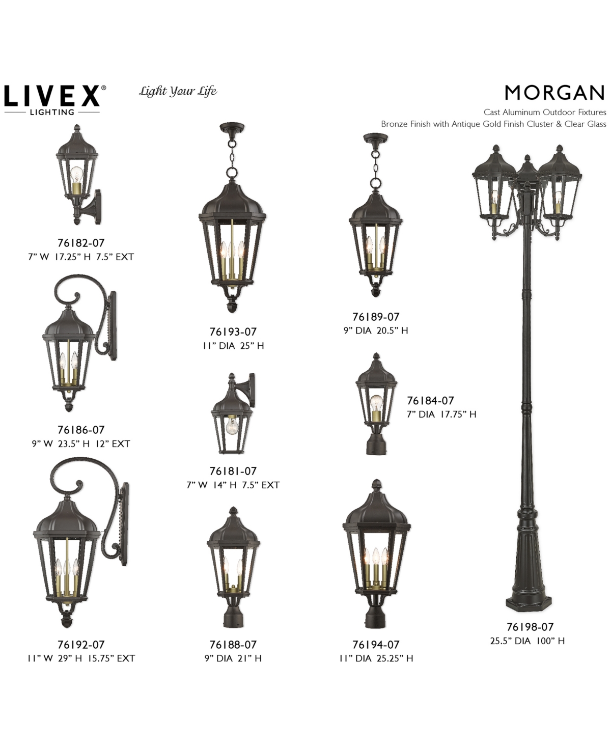 Livex Oxford 3 Lights Outdoor Post Light In Bronze With Antique Gold