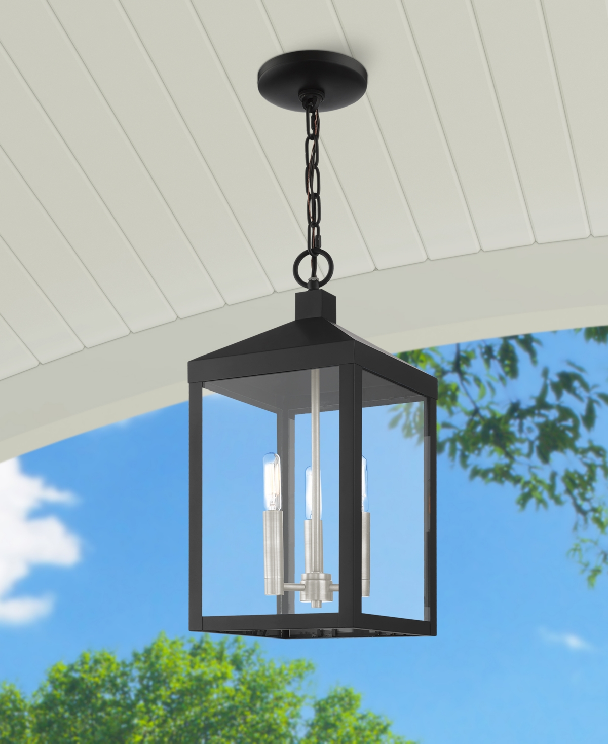 Livex Nyack 3 Light Outdoor Pendant Lantern - Black with Brushed