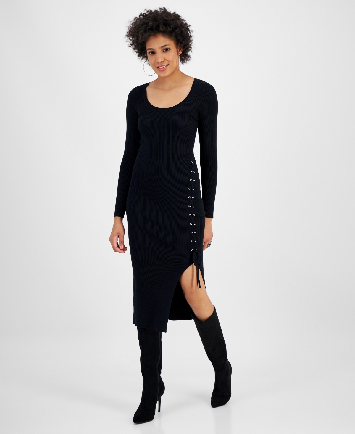 Bar Iii Women's Lace-up Midi Sweater Dress, Created For Macy's In Deep Black