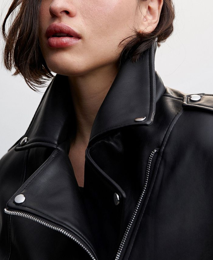Mandotos Chic Feminine Black Leather Coat with Biker Style Details