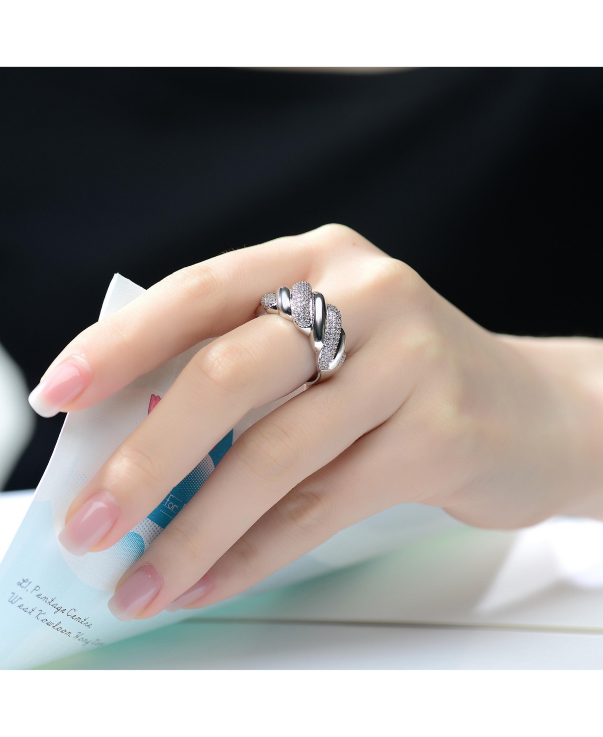 Genevive SterlingWhite Gold Plated Clear Round Cubic Zirconia Wavy Twisted Ring - Silver