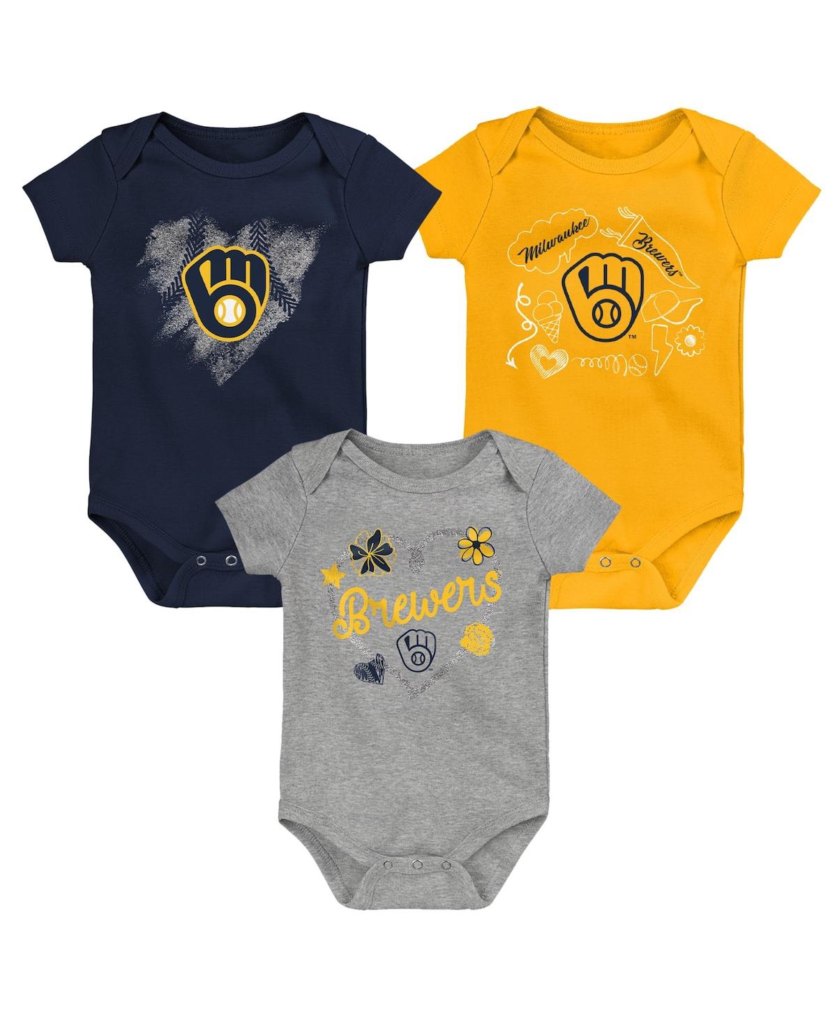 Shop Outerstuff Girls Newborn And Infant Navy, Gold, Heathered Gray Milwaukee Brewers 3-pack Batter Up Bodysuit Set In Navy,gold,heathered Gray