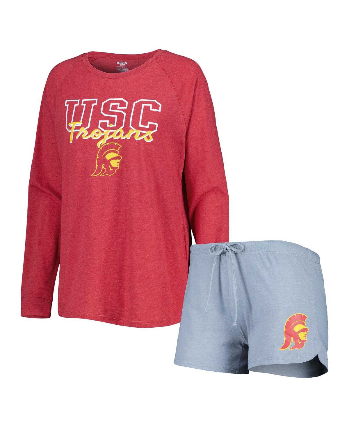 Shop Concepts Sport Women's  Cardinal, Gray Usc Trojans Raglan Long Sleeve T-shirt And Shorts Sleep Set In Cardinal,gray