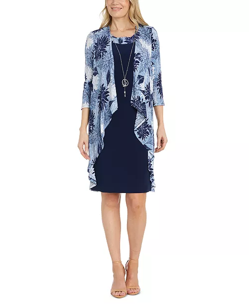 women's flyaway-airbrush puff-print jacket  & necklace dress