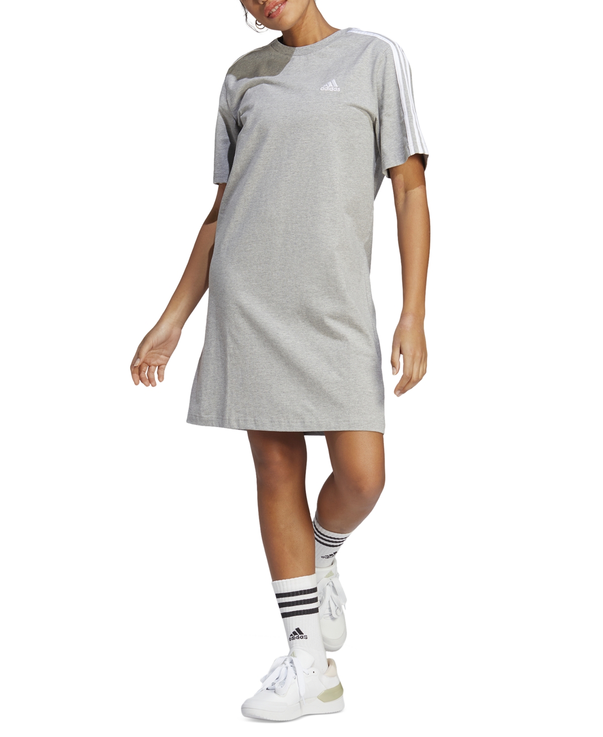 Shop Adidas Originals Women's Active Essentials 3-stripes Single Jersey Boyfriend Tee Dress In Medium Grey Heather,white
