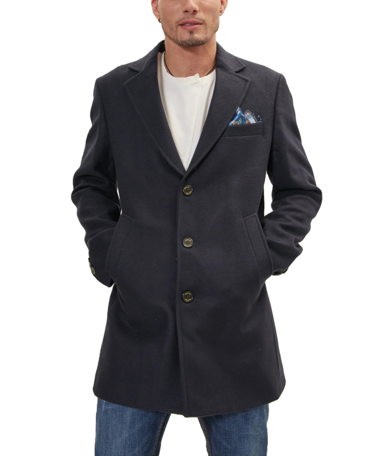 Men's Modern Wool Melange 3-Button Overcoat - Navy
