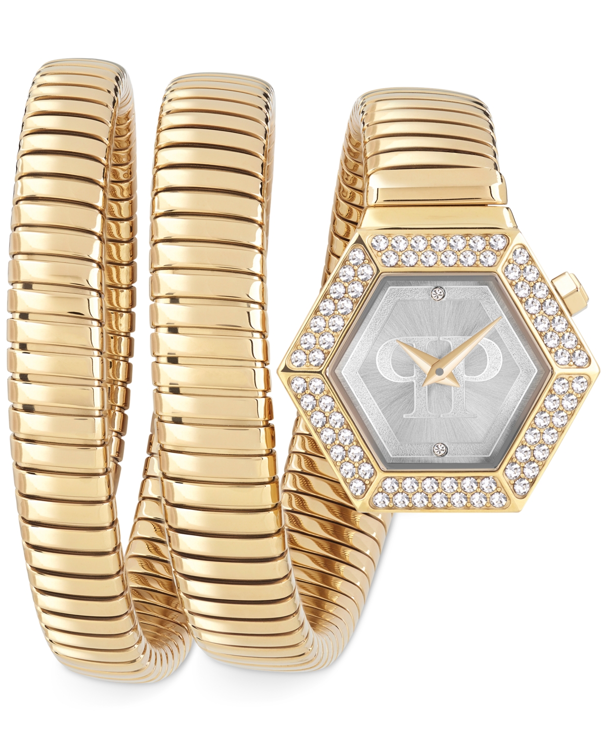 Shop Philipp Plein Women's Snake Hexagon Gold Ion-plated Coil Bracelet 24mm In Ip Yellow Gold