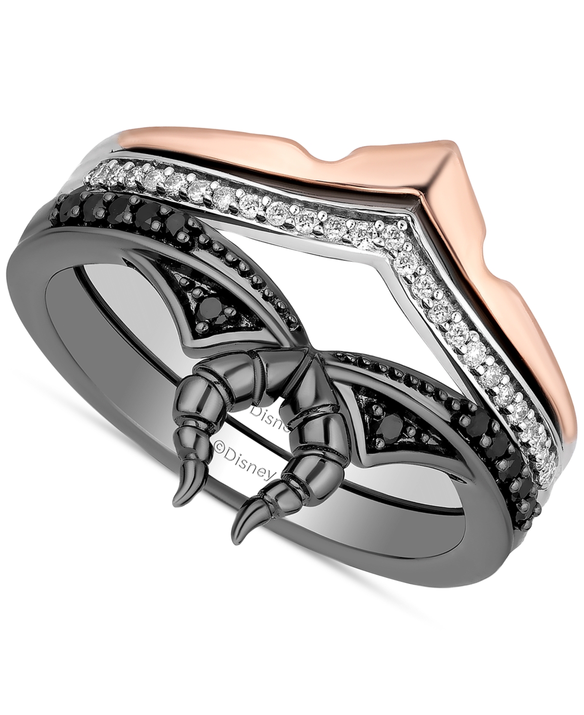 Enchanted Disney Fine Jewelry White Diamond (1/10 ct. t.w.) & Black Diamond (1/8 ct. t.w.) Maleficent Ring in 14k Rose Gold, Sterling Silver, & Black Rhodium-Plate