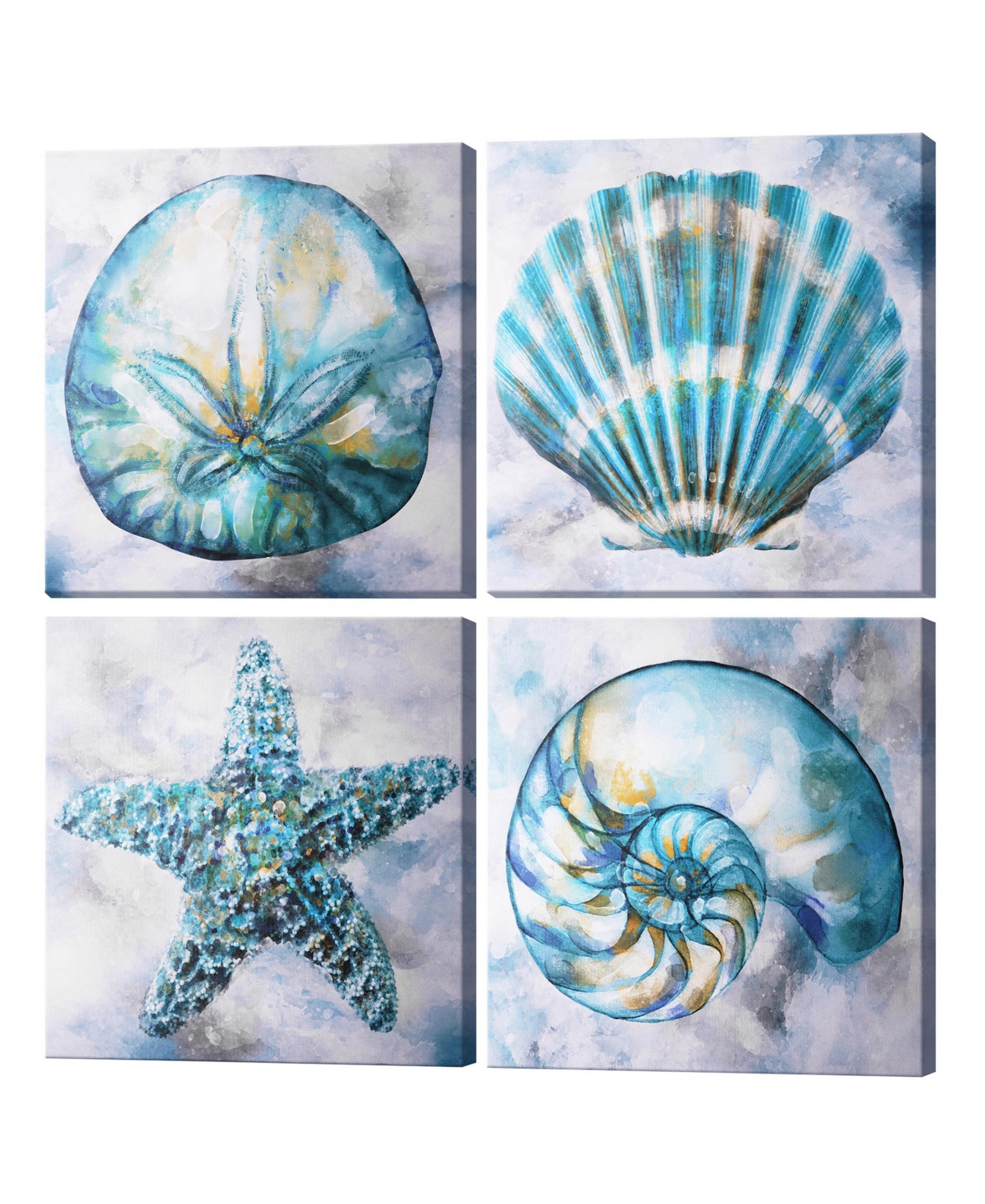 American Art Decor Coastal Beach Seashells Starfish 4 Piece Canvas Art Set, 20" X 20" In Aqua