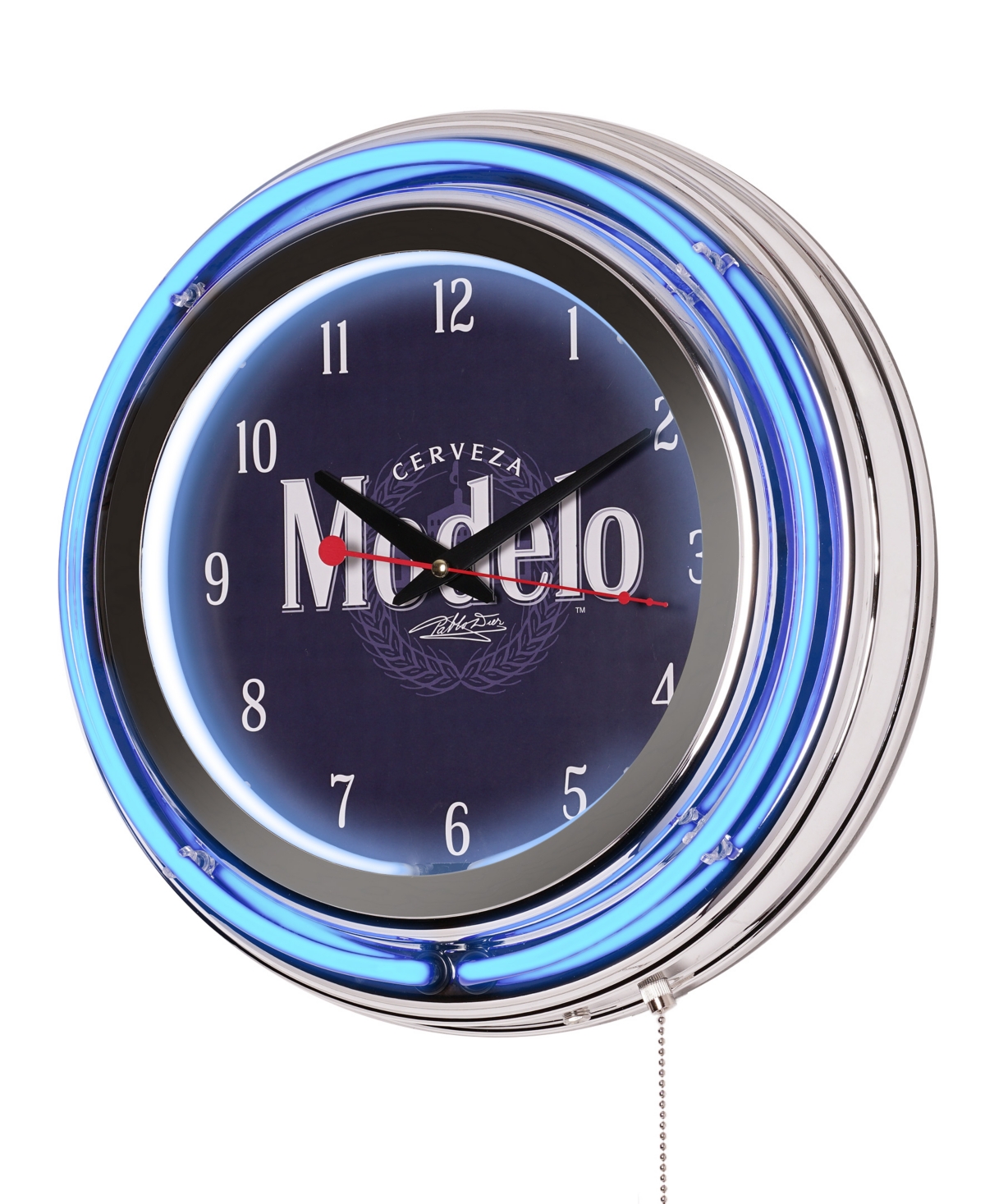 American Art Decor Modelo Retro Round Neon Wall Analog Clock With Pull Chain, 14.5" In Blue